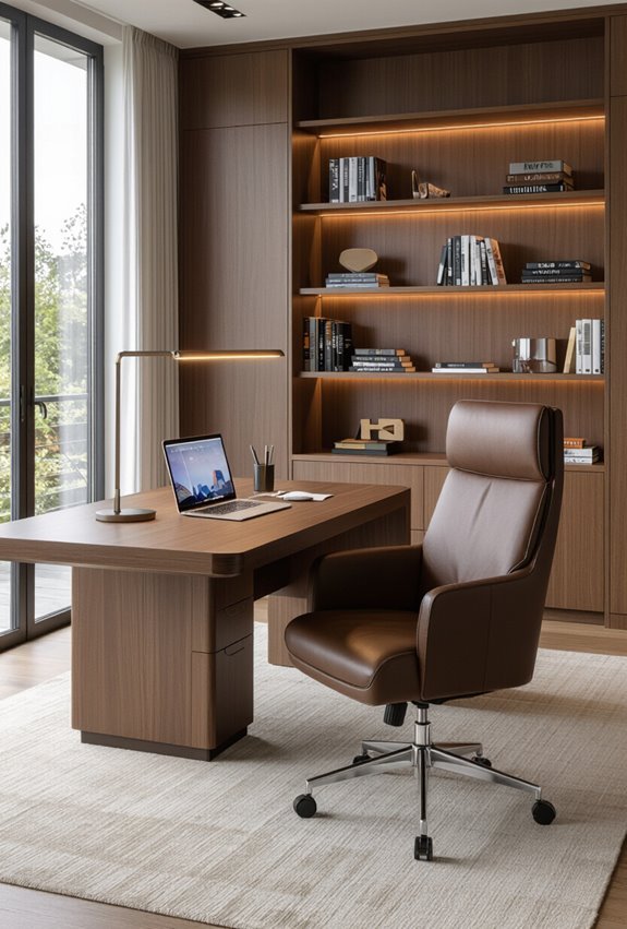 silk upholstered marble accented workspace