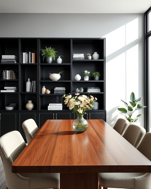 sleek black built in shelves