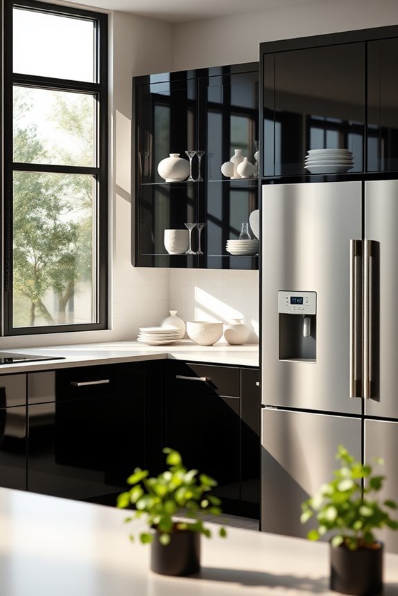 sleek black glass cabinets