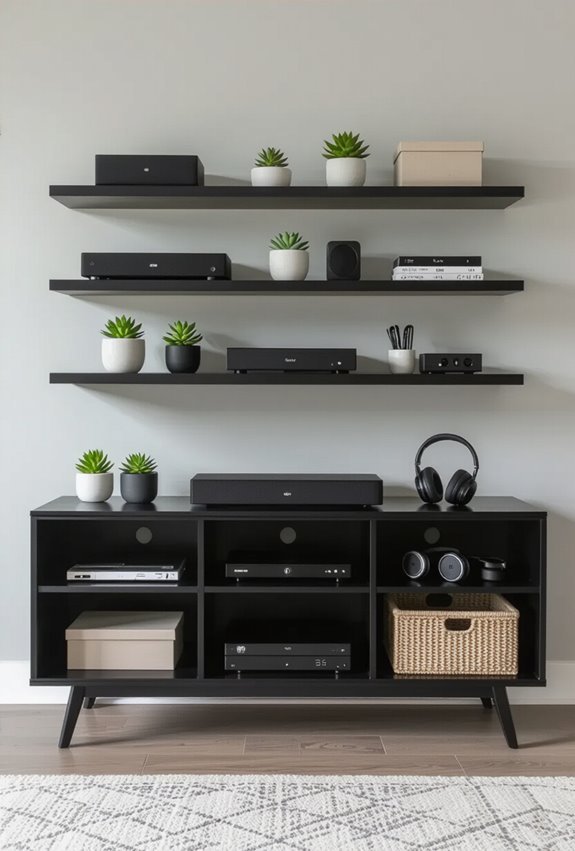 sleek black media organization shelves