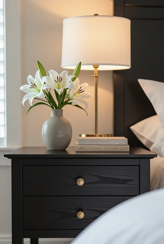sleek black nightstands with brass