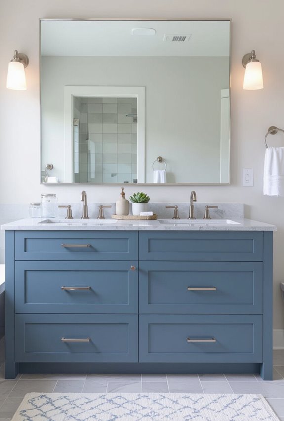 sleek blue grey bathroom storage