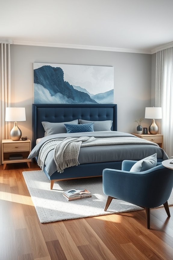 sleek blue grey bedroom aesthetic