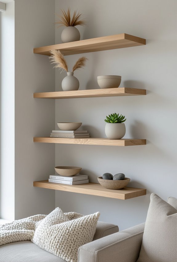sleek floating shelves with lighting