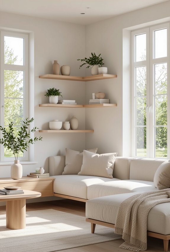 sleek floating shelves with lighting