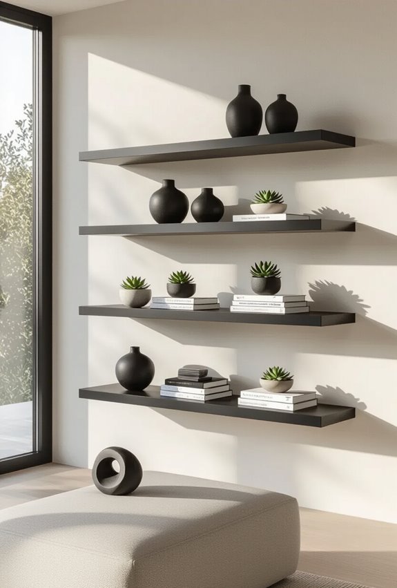 sleek hidden wire floating shelves