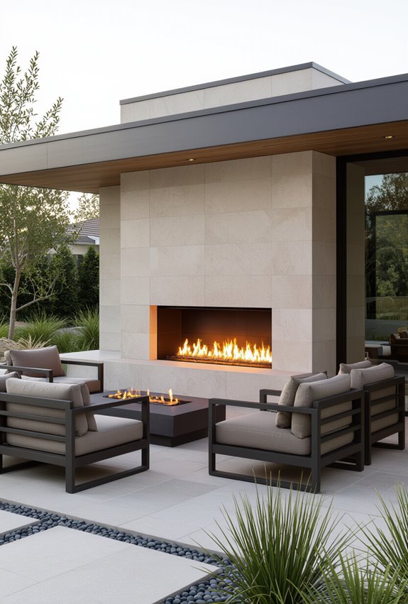 sleek linear outdoor fireplace