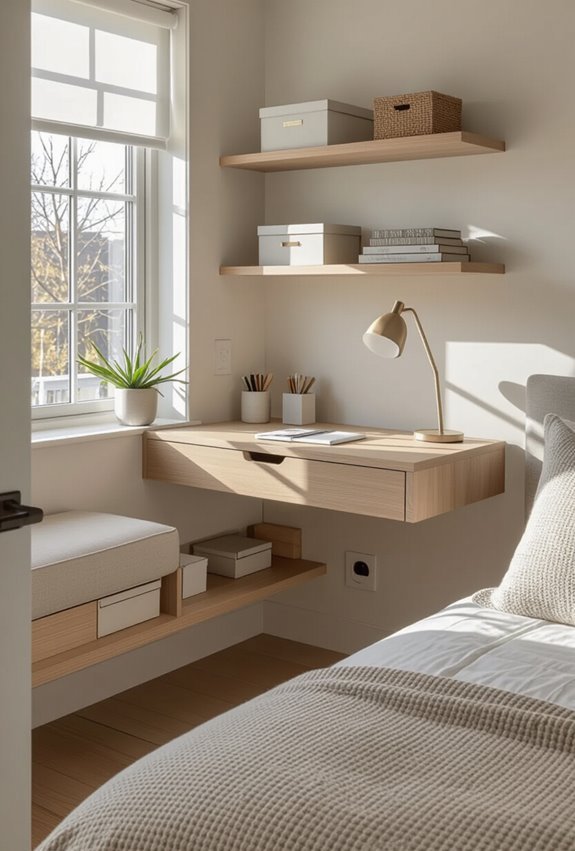 slim floating desk with storage