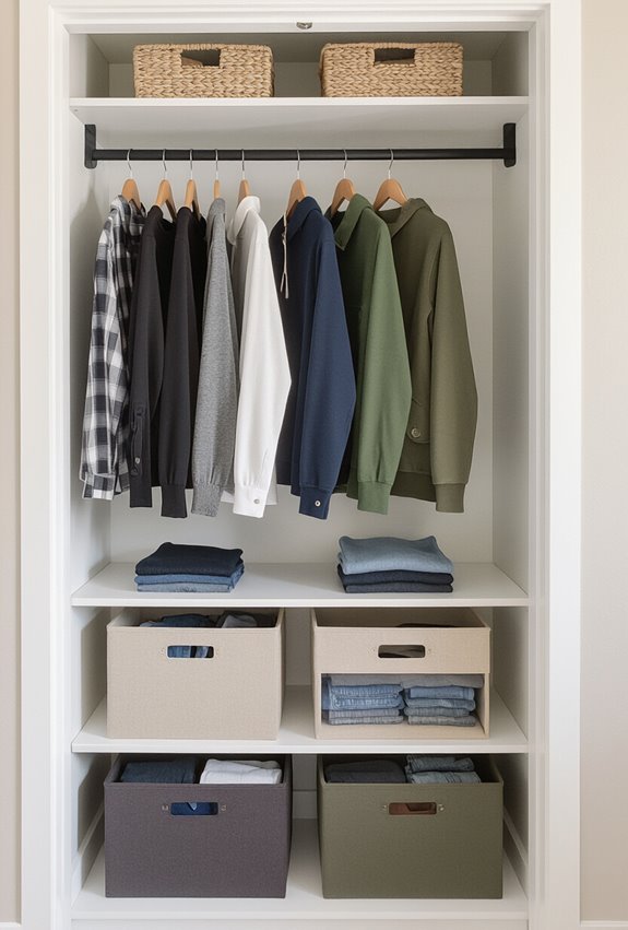 slim hangers labeled bins