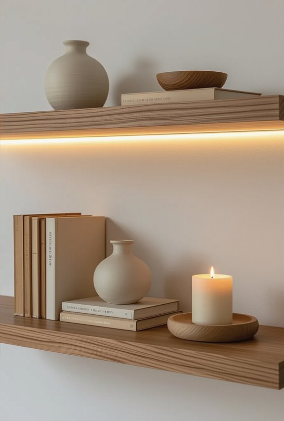 soft amber shelf lighting