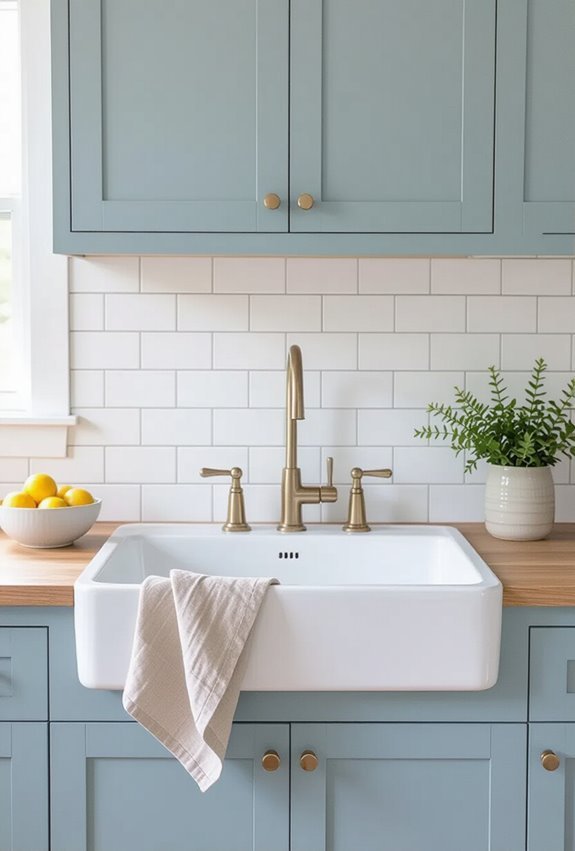 soft blue cabinets white subway