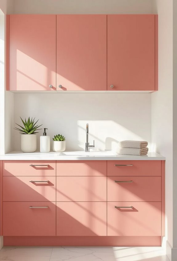soft coral cabinets brighten bathroom
