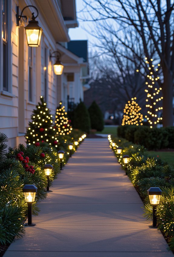 solar powered lanterns line walkway