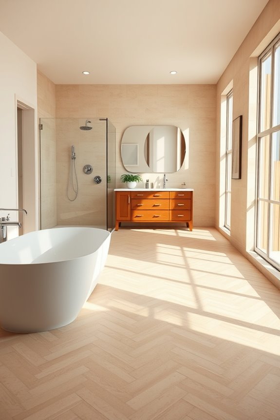 spacious beige tile bathrooms