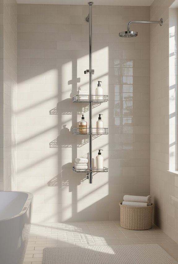 spring loaded no drill shower storage