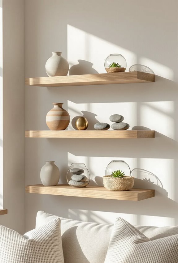staggered floating shelves display