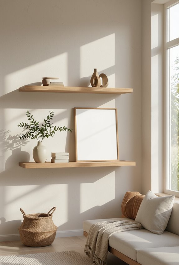 staggered illuminated floating art shelves