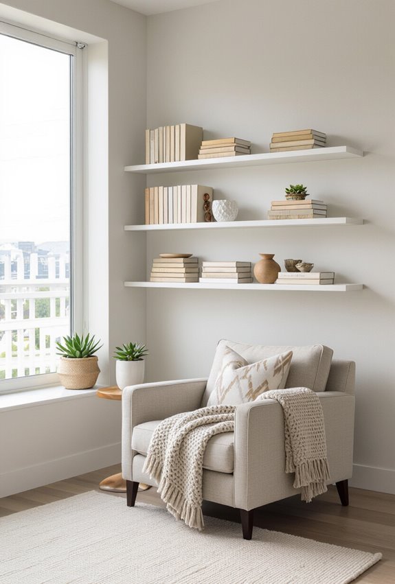 staggered minimalist floating bookshelves