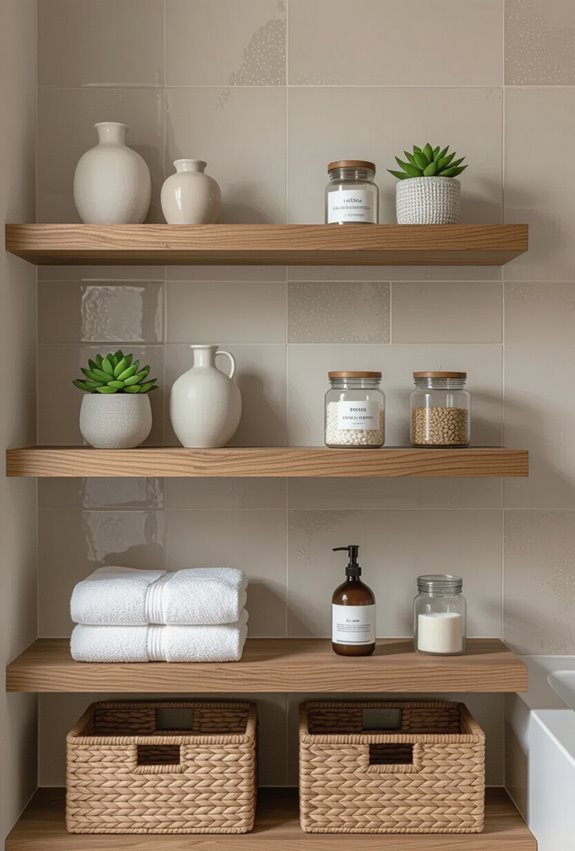 staggered open shelving bathroom display