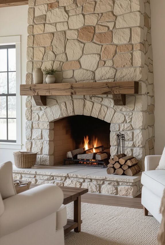 stone or brick fireplace centerpiece