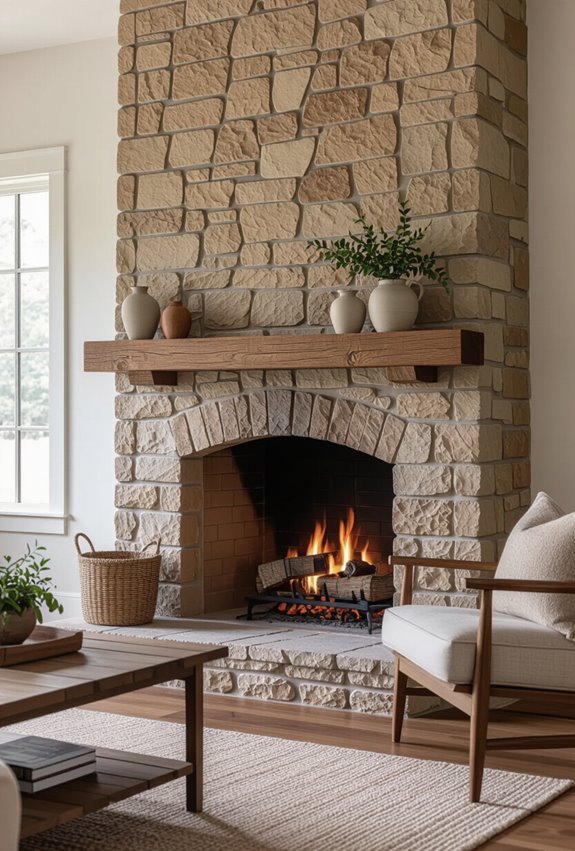 stone or brick fireplace centerpiece