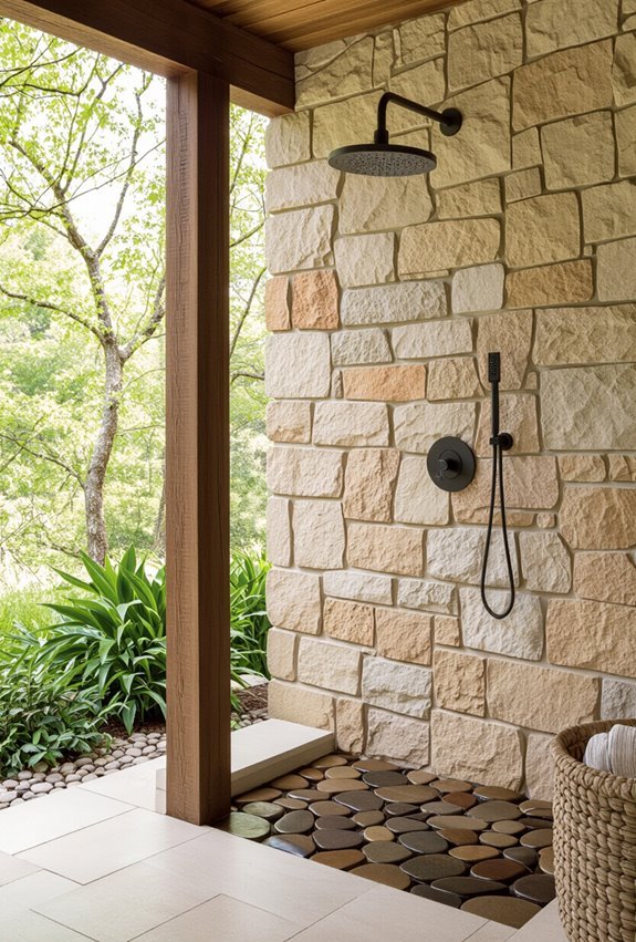 stone walled rustic outdoor shower