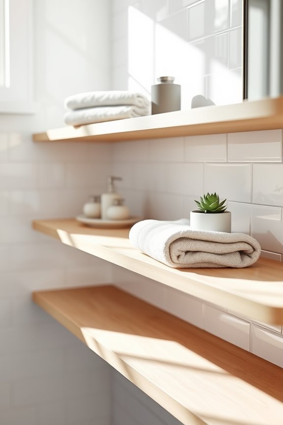 stylish tile backed bathroom shelves