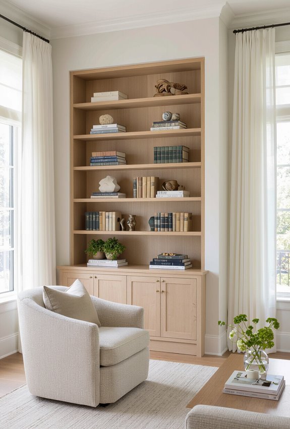 symmetrical built in illuminated shelving