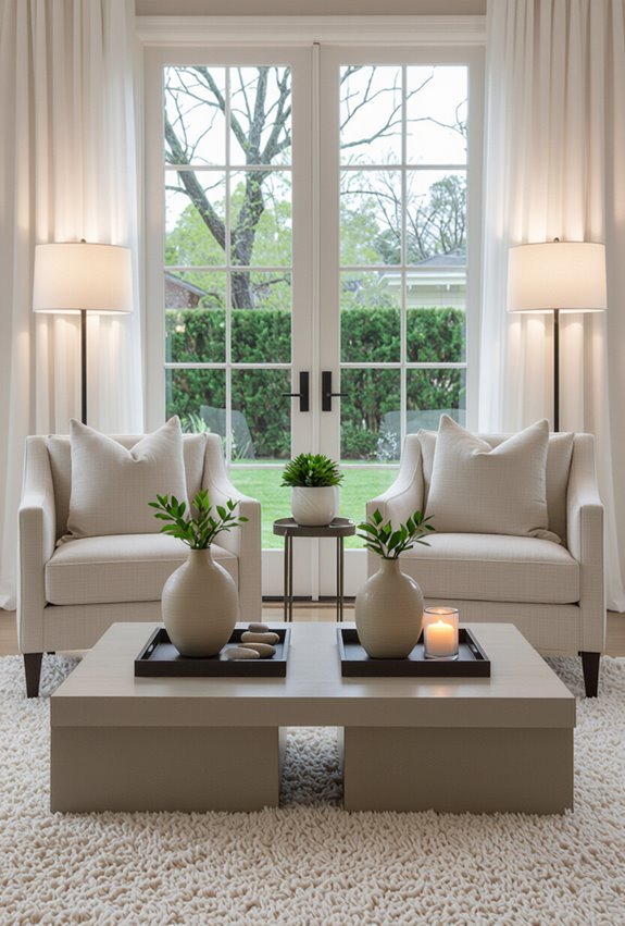 symmetrical soft windowed living room