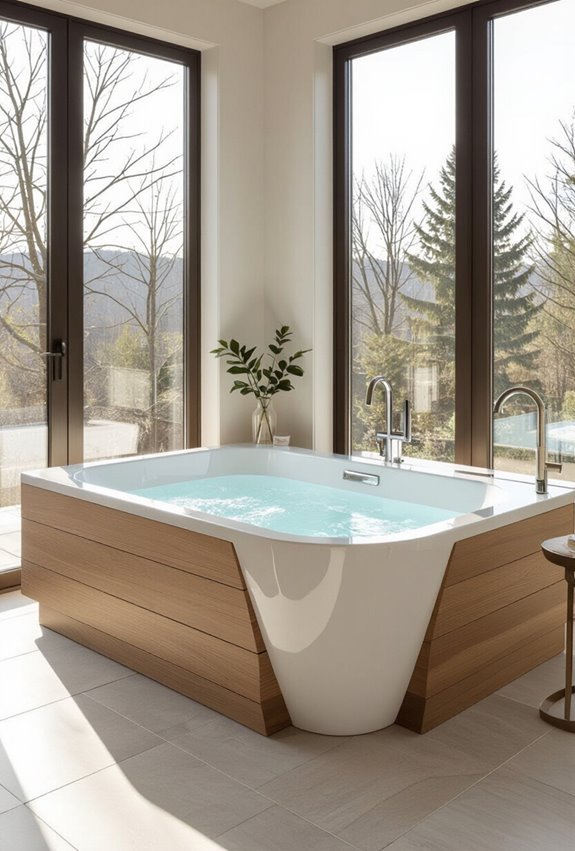 teak accented freestanding tub
