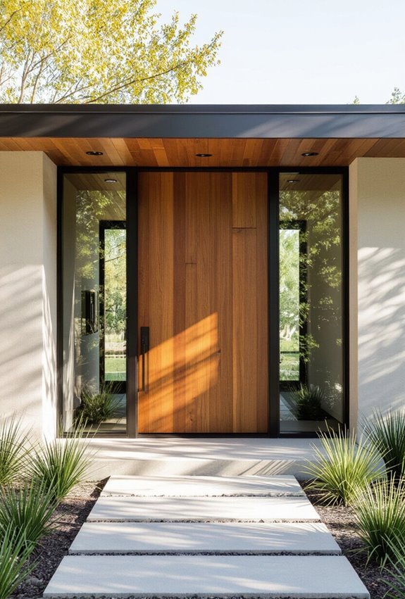 teak accented slatted wooden entry