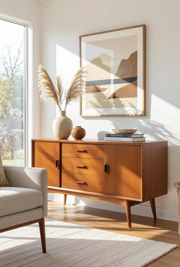 teak credenza hides clutter