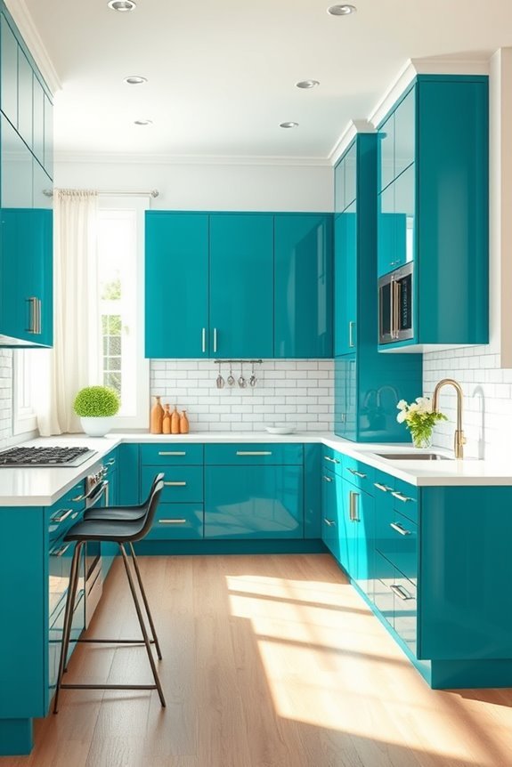 teal cabinets white accents
