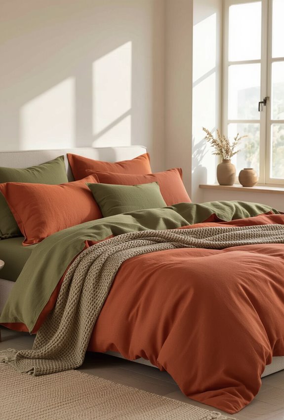 terracotta throw and olive pouf