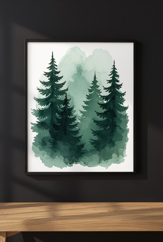 textured black and green watercolor trees