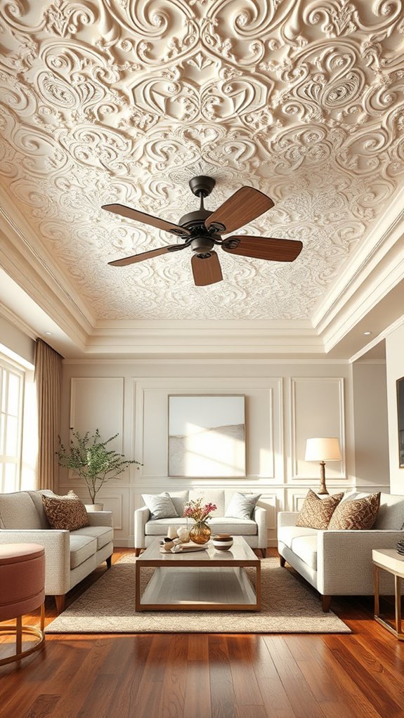 textured ceiling with vintage fan