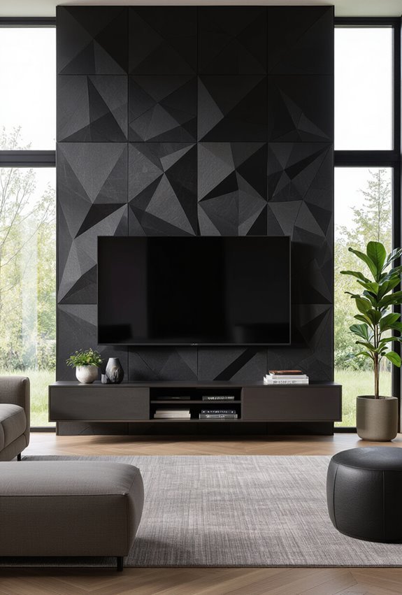 textured dark paneled tv wall