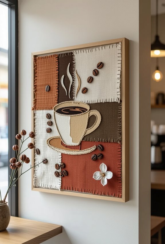 textured fabric and paint coffee collages