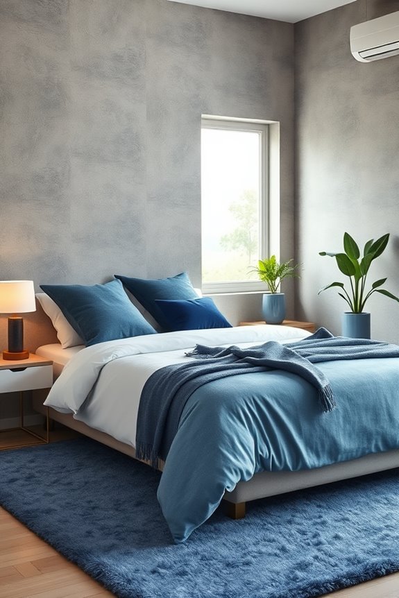textured grey walls blue accents