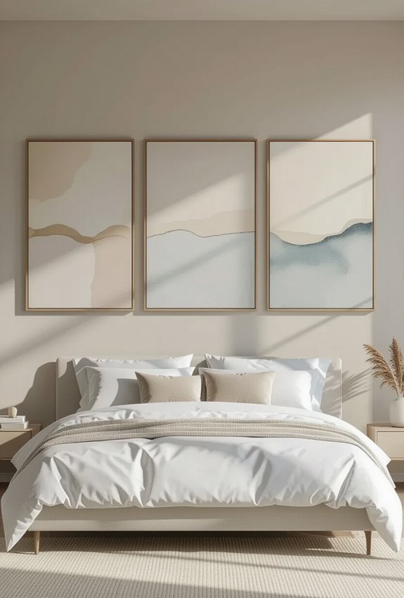 three paintings above bed