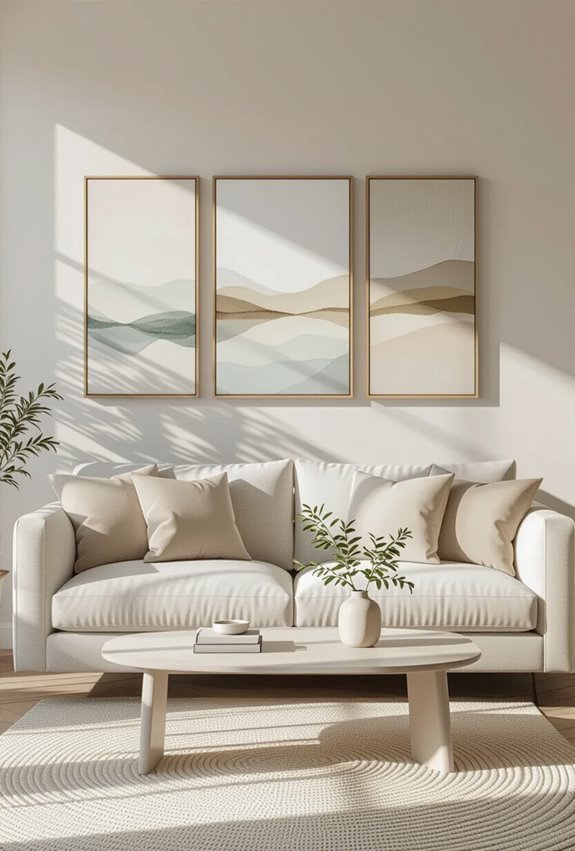 three paintings anchor sofa