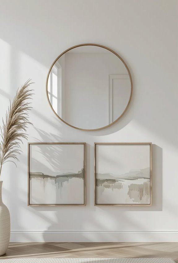 three paintings flanking mirror