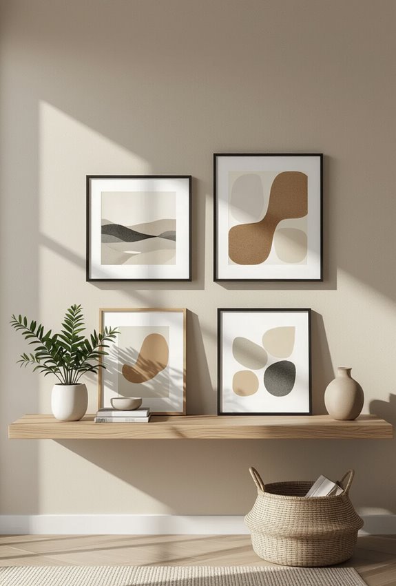 three paintings on shelf