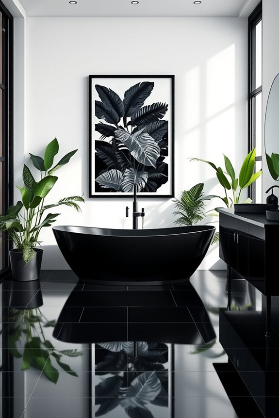 tropical black artwork bathroom