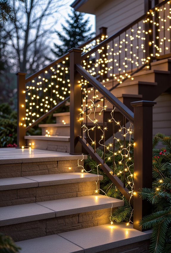 twinkling garland wrapped stair railings