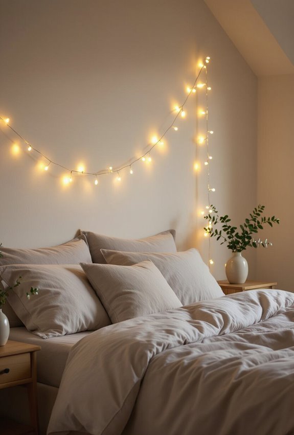 twinkling string lights around headboard
