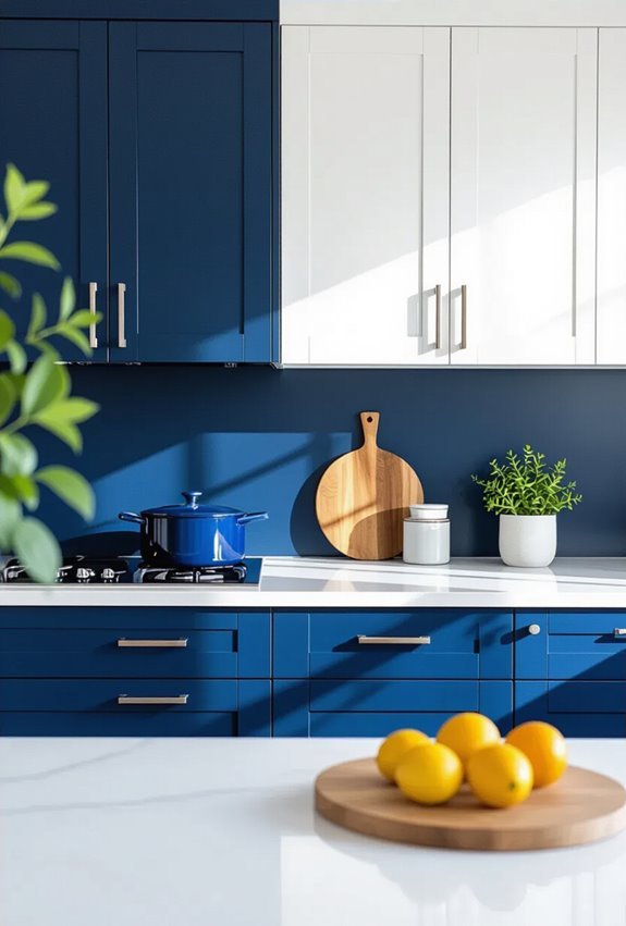 two tone blue white cabinets