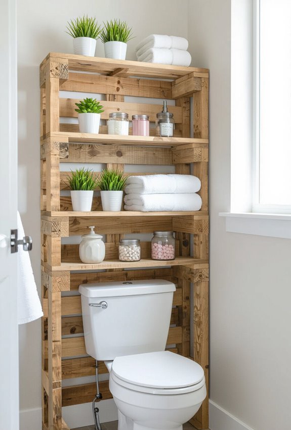 upcycled pallet shelves above toilet