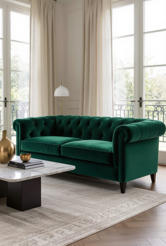 velvet tufted sofas and drapery