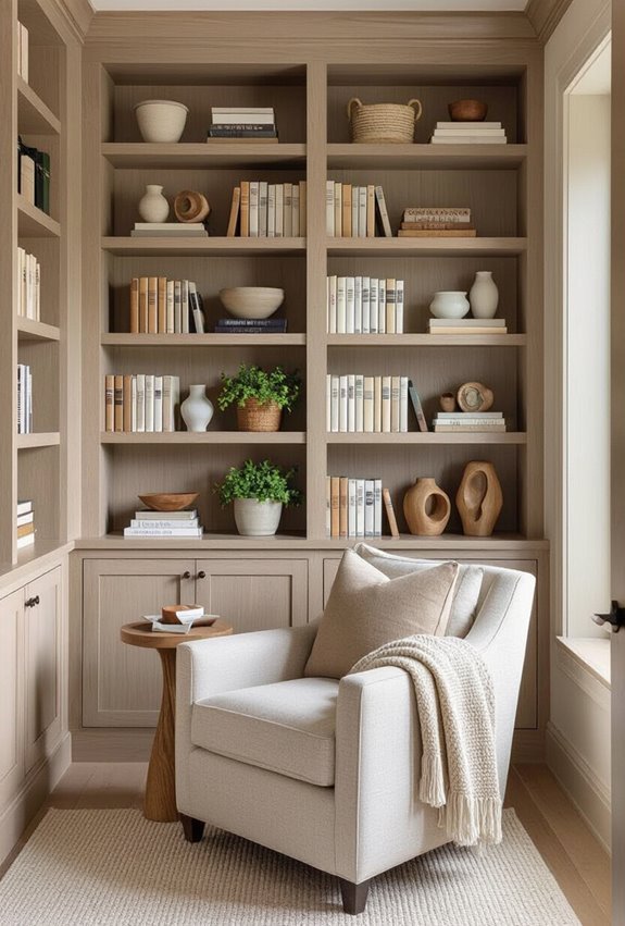 vertical shelving cozy reading nook